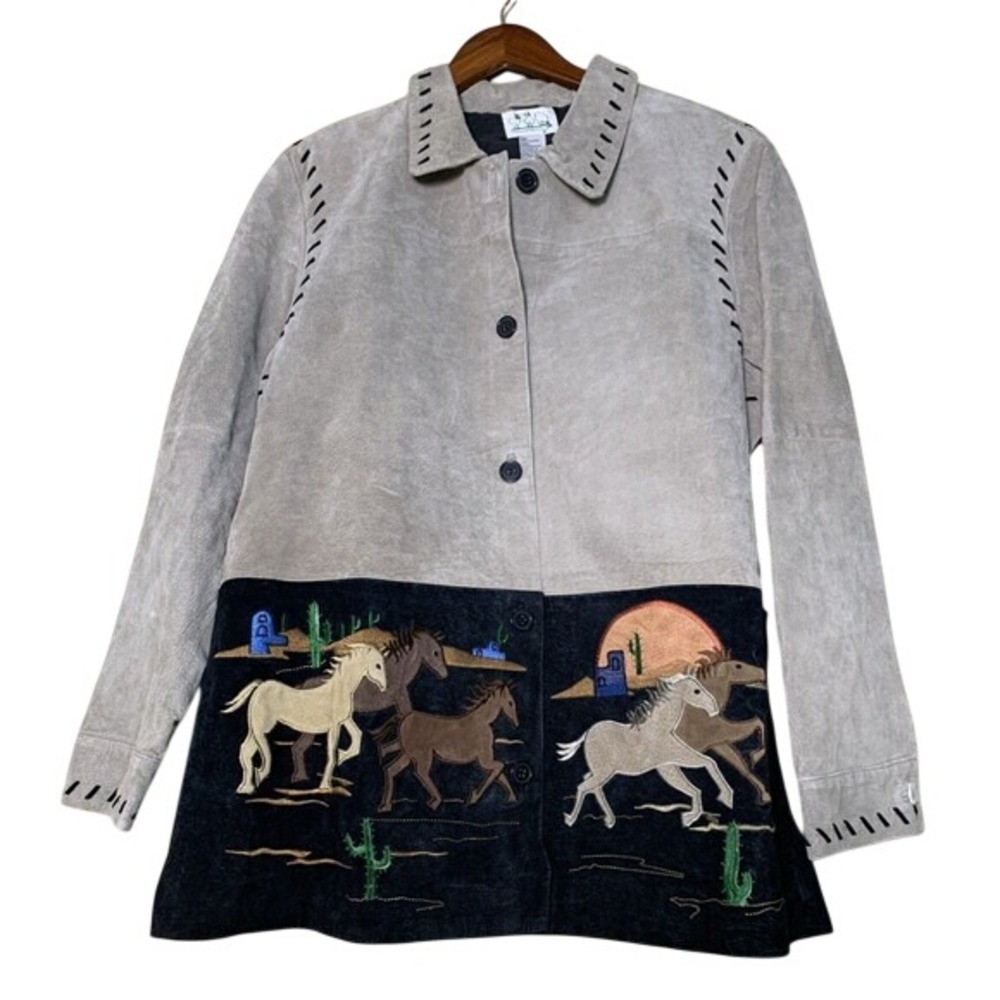 Quacker Factory Leather Jacket Womens L Gray Horse Western‎ Suede Embroidered